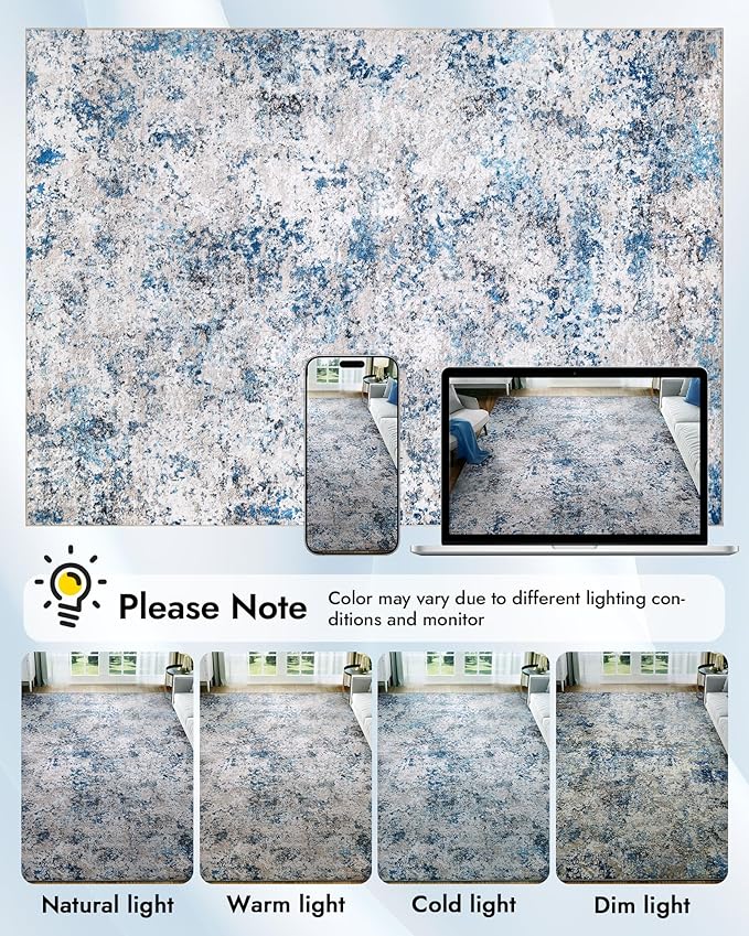 Modern Abstract Washable Area Rugs - 4x6 Contemporary Soft Mat Stain Resistant Non Slip Low Pile Indoor Throw Rug for Bedroom Kitchen Office Chair Desk - Grey/Blue