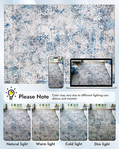 Modern Abstract Washable Area Rugs - 4x6 Contemporary Soft Mat Stain Resistant Non Slip Low Pile Indoor Throw Rug for Bedroom Kitchen Office Chair Desk - Grey/Blue