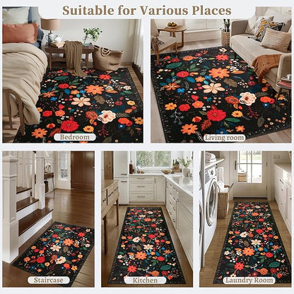 Tangsoo 2x3 Small Area Rug for Entryway, Non Slip Machine Washable Boho Floral Entry Rug, Soft Low Pile Throw Rugs Door Mat Indoor Entrance Floor Carpet for Bedroom Kitchen Bathroom, Kids Room(Black)