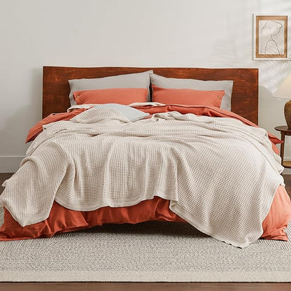 Bedsure Gentlesoft 100% Cotton Blanket Queen Size for Bed - Breathable and Soft, Thick Cozy Waffle Weave Christmas Blanket Gift for Women, Light Beige, 90x90 Inches