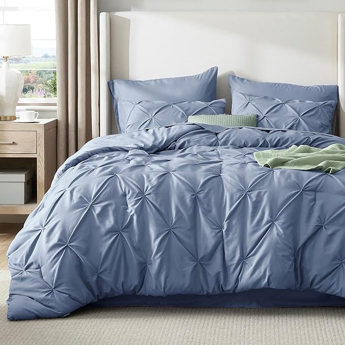 Bedsure Queen Comforter Set Slate Blue - Bed in a Bag Queen Size Bedding 7 Pieces, GentleSoft™ Pintuck Bed Set Gift for Family, Pinch Pleat All Season Comforter with Sheets, Pillowcases & Shams
