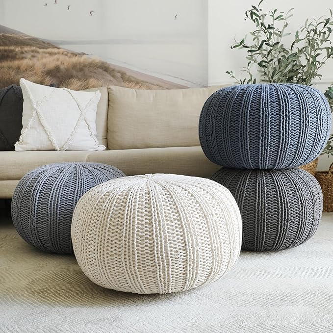 LR Home Black Cableknit Cotton Round Ottoman for Home Decor | Hand-Made Casual Foot Rest for Bedroom & Living Room Decor | 20 x 20 x 16 Stuffed Pouf for Seating