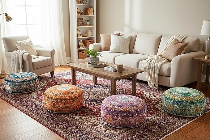 Moroccan Floor Pillow Cover Blue Round Floor Cushion Boho Room Décor Moroccan Seating Area Perfect Pouf Ottoman for Living Room, Bedroom, Nursary or Children Room Cotton 24x8 Unstuffed