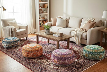 Moroccan Floor Pillow Cover Blue Round Floor Cushion Boho Room Décor Moroccan Seating Area Perfect Pouf Ottoman for Living Room, Bedroom, Nursary or Children Room Cotton 24x8 Unstuffed