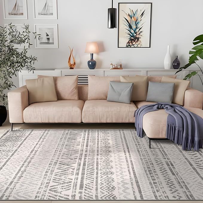 Rugshop Geometric Boho Area Rug – Gray Tribal Pattern, Perfect for Living Room, Bedroom, Dining Room, 6'6" x 9'