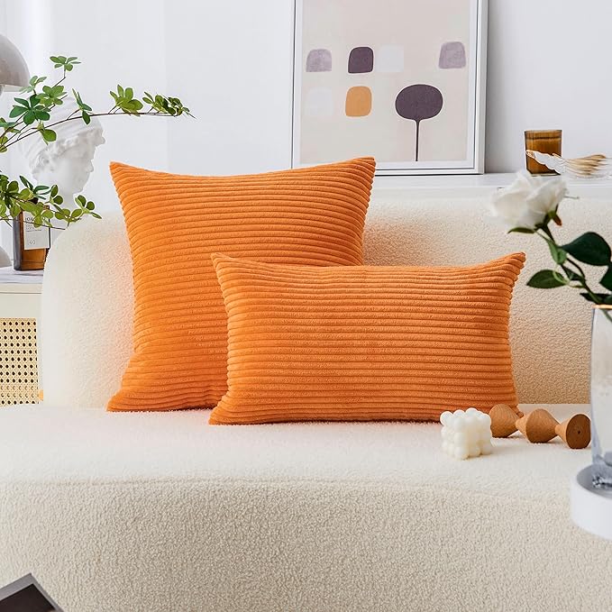 Home Brilliant Orange Pillow Covers 12x20 Lumbar Throw Pillow Covers Rectangular Striped Corduroy Plush Thanksgiving Decorative Winter Pillow Cover for Couch, Set of 2, 12 x 20 inch, Orange