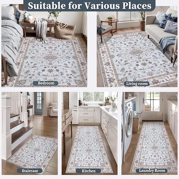 Tangsoo 2x6 Washable Runner Rug for Hallways,Vintage Boho Light Blue Non Slip Rug Runner, Soft Low Pile Floral Entryway Floor Carpet for Kitchen Bedside Bathroom Kid & Pets Friendly Home Decor
