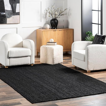 nuLOOM 4x6 Rigo Jute Hand Woven Area Rug, Black, Solid Farmhouse Design, Natural Fiber, For Bedroom, Living Room, Dining Room, Hallway, Office, Kitchen, Entryway