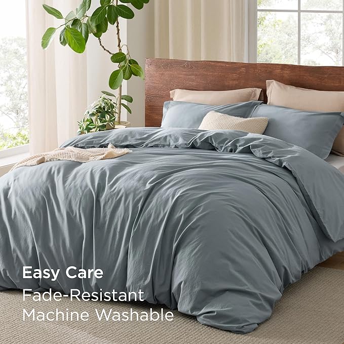 Bedsure 100% Washed Cotton Duvet Cover King Size - Dusty Blue Minimalist Cotton Duvet Cover Linen Like for All Seasons - GentleSoft™ Plain Simple Bedding (Dusty Blue, King, 104"x90")
