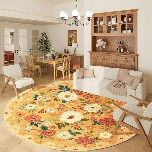 DUKINO Floral Round Rug, 6ft Washable Circle Rug, Non Slip Indoor Low Pile Circle Rug, Soft Small Boho Design Carpet for Bedroom, Entryway, Living Room, Dining Room, Orange