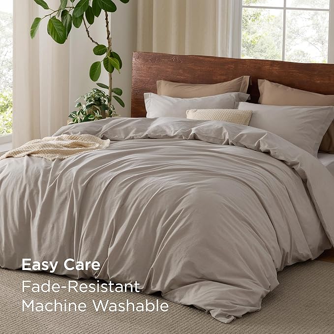 Bedsure 100% Washed Cotton Duvet Cover Full Size - Natural Minimalist Cotton Duvet Cover Linen Like for All Seasons - GentleSoft™ Plain Simple Bedding (Natural, Full, 80"x90")