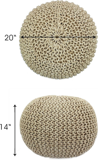 COTTON CRAFT Round Pouf - Hand Knitted Tweed Cable Dori Pouf - Cotton Braid Cord Foot Stool Footrest Ottoman Accent Seat Furniture Bean Bag - Family Room Kids Nursery Dorm - 20x14 - Natural