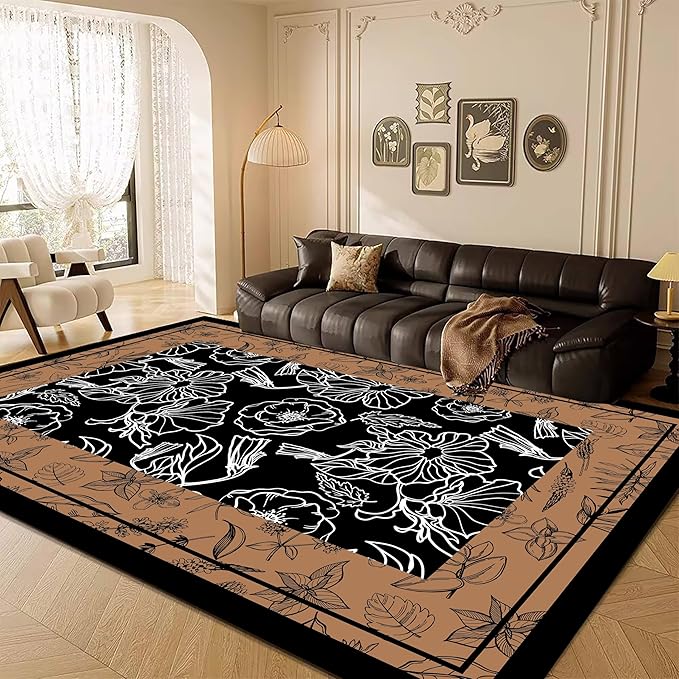 Vintage Boho Area Rug 6x9ft, Floral Print Non-Slip Low Pile Carpet, Machine Washable Indoor Rug for Living Room, Bedroom, Dining Room, Nursery & Dorm