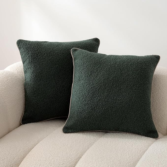 Amazon Basics Boucle Throw Pillow Covers for Couch, Living Room, Home Decor with Hidden Zipper, Green, 22×22in, Pack of 2