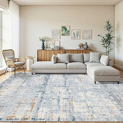 9x12 Area Rug for Living Room, Extra Large Washable Rug, Soft Blue Abstract Rug for Bedroom, Office, Farmhouse, Low Pile Imitation Wool Non Slip Carpet Ideal for High-Traffic Areas, Blue Beige