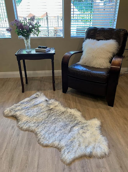 LAMBZY Faux Sheepskin Super Soft Hypoallergenic Silky Shag Rug for Living Room, Kids Room, Sofa (Single and a Half 2'x4'6", White/Black Tips)
