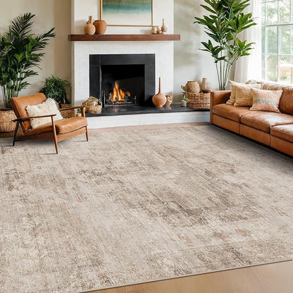 Neutral Farmhouse Area Rug for Bedroom - 6x9 Washable Rug for Dining Room Table, Ultra-Thin Soft Textured Boho Indoor Decor, Fade & Stain Resistant