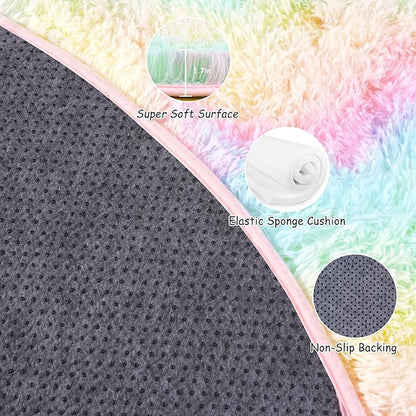 Round Fluffy Rugs 4Ft for Girls Bedroom, Rainbow Shag Circle Kids Rug Non-Slip for Bedside Dorm Nursery Playroom, Soft Cute Area Rugs for Living Room Decor