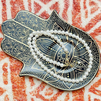 Exquisite Small Ceramic Jewelry Tray - Trinket Dish Evil Eye Decor, Gold Plate Ring Holder, Modern Boho Home Essentials, Perfume Organizer, Witchy, Aesthetic Room Decor (Black Hamsa)