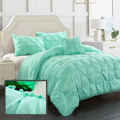 EVOLIVE 4pc Set Pinch Pleat/Kiss Pleat, Pintuck Down Alternative Comforter Set with Pompom (Full/Queen, Mint)