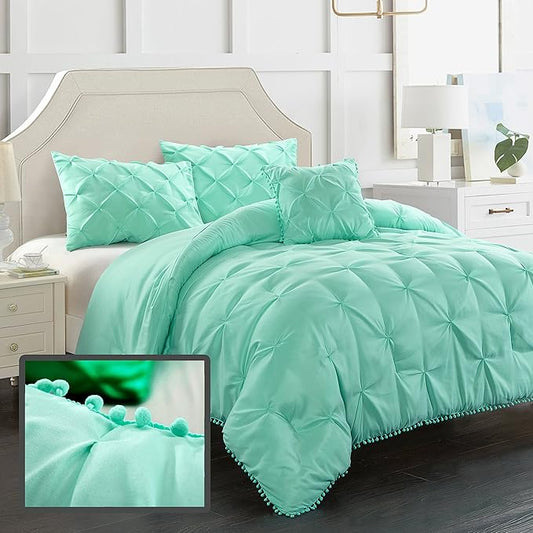 EVOLIVE 4pc Set Pinch Pleat/Kiss Pleat, Pintuck Down Alternative Comforter Set with Pompom (King, Mint)