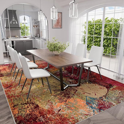 Arbosofe Modern Abstract Rug for Living Room, 8'x10' Washable Area Rug with Non-Slip Backing & Short Pile, Large Carpet with Abstract Pattern for Living Room Bedroom and Dining Floor Carpet Red Orange