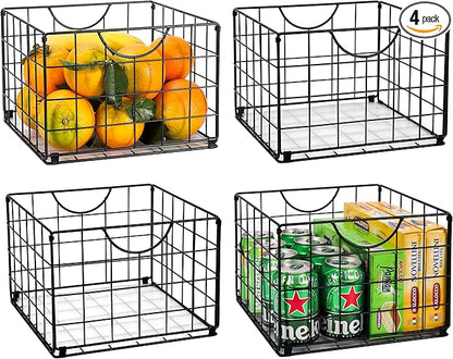 Metal Wire Basket Foldable Set of 4, Metal Bins for Organizing with PVC Sheet, 10.5x10.5in Wire Pantry Baskets Freezer Organizer Bins for Kitchen Closet Bathroom-Black