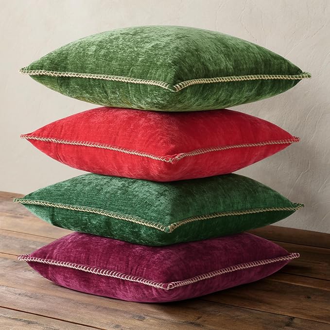 decorUhome Spring Chenille Soft Throw Pillow Covers 12x20 Set of 2, Lumbar Velvet Farmhouse Neutral Decorative Pillow Covers with Stitched Edge for Couch Sofa Bed Home Decor, Christmas Red