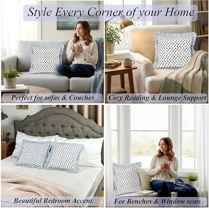 Ridhi Baby Blossams Modern Farmhouse Pillow 20x20 Block Print Cotton Throw Pillow Covers Set of 2 Cushion Covers with Ruffle Couch Sofa Bed Living Room Home Decor Christmas, Thanksgiving