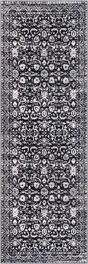 Vintage Floral 2x6 Runner Rug, Black and White Washable Kitchen Runner Rug Non-Slip Hallway Rug Runner Boho Thin Printed Faux Wool Super Soft Carpet for Entryway Bedroom Laundry Room Indoor