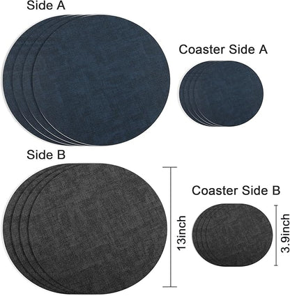 13-Inch Faux Leather Round Placemats Set of 4, Waterproof Anti-Slip Dual Sided Place mats, Heat Resistant Washable Table Mats with Coaster, Suitable for Indoor & Outdoor (4, Black Navy Blue)