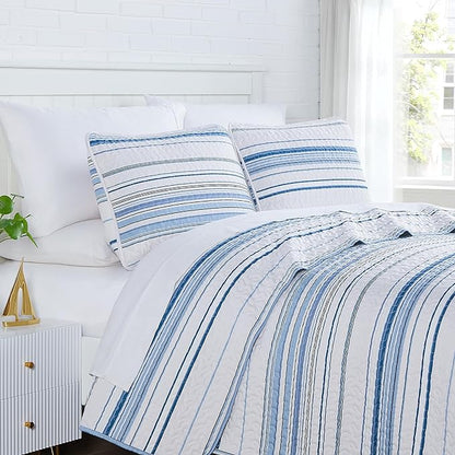Southshore Fine Living, Inc. Twin/XL Quilt Bedding Set, Dorm Bedding Essentials, Stain Resistant, Machine Washable Striped Bedspread, Twin XL Comforter Set w/Pillow Sham, Blue Striped