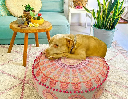 Mandala Life ART Large Boho Pouf Cushion Cover Pink Round Floor Pillow Luxury Kids Room Décor Cotton Pouf Ottoman Cushion for Meditation Yoga and Boho Chic Seating Area Stool Cotton 24x8 Unstuffed