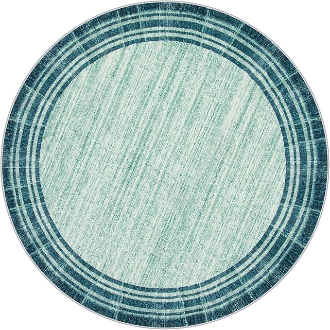 Lahome Abstract Round Rug 6 ft for Living Room, Ultra Thin Washable Soft Circle Bedroom Area Rug, Teal Printed Minimalist Boder Indoor Circular Carpet for Office Dining Room Under Table