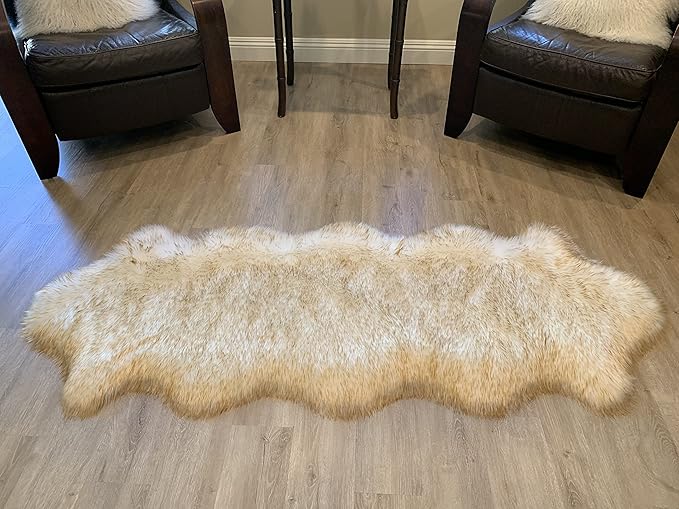 LAMBZY Faux Sheepskin Super Soft Hypoallergenic Silky Shag Rug for Living Room, Kids Room, Sofa (Double 2'x6', White/Brown Tips)