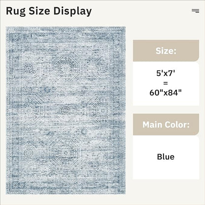 5x7 Area Rugs Blue Low Pile Indoor Washable Trendy Faded Style Rugs for Bedroom Living Room Dining Room Foldable Non-Slip Thin Print Mat