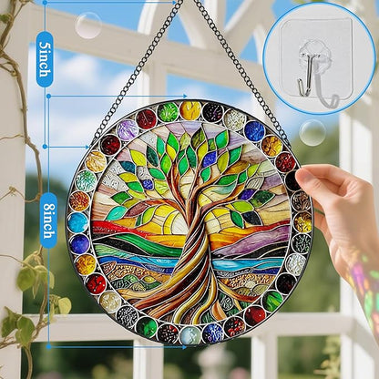 8-Inch Colorful Tree of Life Stained Glass Suncatcher & Ornament – Stained Glass Window Hanging & Decor, Sun Catchers for Windows Indoor, Gifts for Women, Gifts for Christmas, Housewarming Gift