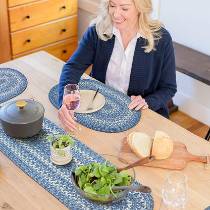 Homespice Denim Jute Braided Table Runner, Coastal Blue Decor, Set of 2, Blue Oval 8x28 - Rich Colors, Easy to Clean, Durable and Protects Furniture