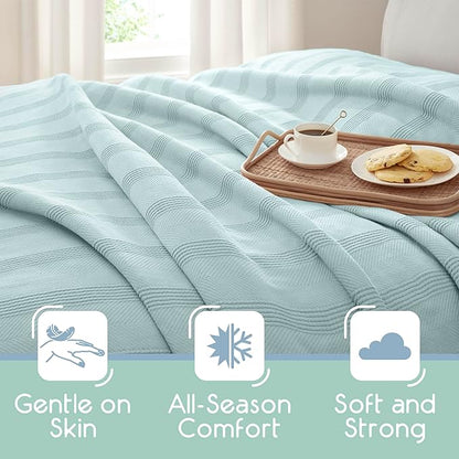 King Size 100% Cotton Blanket | Super Soft Breathable Lightweight Throw | All-Season Knit Blanket | Luxury Hotel Style | Easy Care | Oeko-Tex Certified | Light Blue