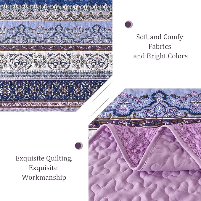 WONGS BEDDING Boho King Quilt Set, Purple Bohemian Quilt Bedding Set, Lightweight Bed Decor Bedspread for All Season Reversible Microfiber Coverlet Bedding Set 110"x90"(3 Pieces)