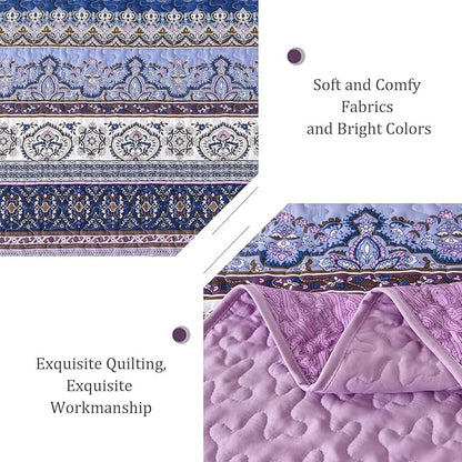 WONGS BEDDING Boho Queen Quilt Set, Purple Bohemian Quilt Bedding Set, Lightweight Bed Decor Bedspread for All Season Reversible Microfiber Coverlet Bedding Set 96"x90"(3 Pieces)