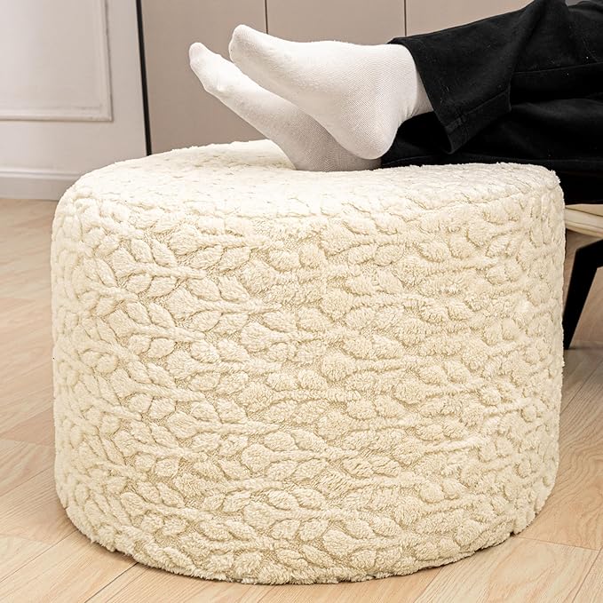 Round Pouf Ottoman Stuffed 20 x 20 x 14 Inches Boho Poof Foot Stool Home Decor Floor Pouffe Ottoman Foot Rest for Couch Sofa Bean Bag Chairs Living Room Bedroom (Linen)