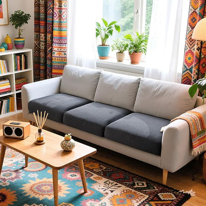 Hokway Stretch Couch Cushion Covers, 3 Piece Individual Sofa Cushion Slipcovers，Jacquard Sofa Seat Slipcover Set, Non-Slip Protector for Cushion (Grey,Small-3PC)