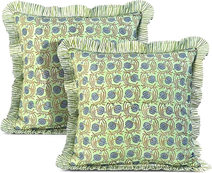 Ridhi Apple Green Floral Modern Farmhouse Pillow 18x18 Block Print Cotton Throw Pillow Covers Set of 2 Cushion Covers with Ruffle Couch Sofa Bed Living Room Home Decor for Christmas,Thanksgiving