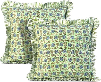 Ridhi Apple Green Floral Modern Farmhouse Pillow 18x18 Block Print Cotton Throw Pillow Covers Set of 2 Cushion Covers with Ruffle Couch Sofa Bed Living Room Home Decor for Christmas,Thanksgiving