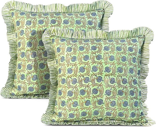 Ridhi Apple Green Floral Modern Farmhouse Pillow 18x18 Block Print Cotton Throw Pillow Covers Set of 2 Cushion Covers with Ruffle Couch Sofa Bed Living Room Home Decor for Christmas,Thanksgiving