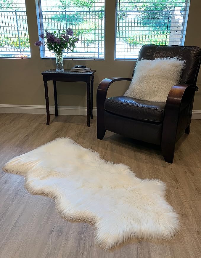 LAMBZY Faux Sheepskin Super Soft Hypoallergenic Silky Shag Rug for Living Room, Kids Room, Sofa (Single and a Half 2'x4'6", White)