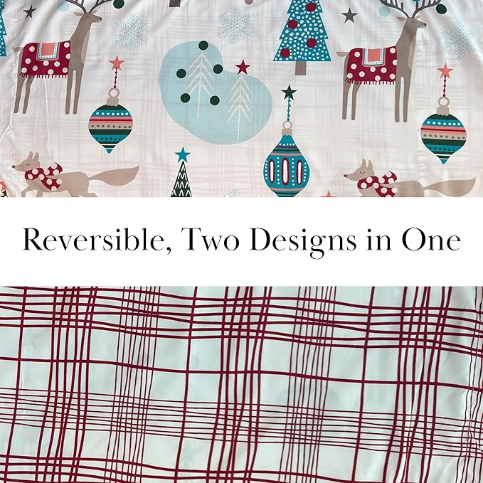 Southshore Fine Living, Inc. Full/Queen Size Christmas Quilt Set w/2 Pillow Shams, Holiday Bedding Set, 3-Piece Reversible Quilt Set, Cute Trees & Reindeer Over Red Plaid Print