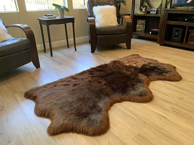 LAMBZY Faux Sheepskin Super Soft Hypoallergenic Silky Shag Rug for Living Room, Kids Room, Sofa (Triple Side by Side 3'x6', Brown)