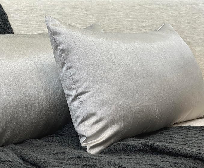 Aiking Home 12x24 Inches Faux Silk Rectangular Throw Pillow Cover, Zipper Closure, Silver (Set of 2)
